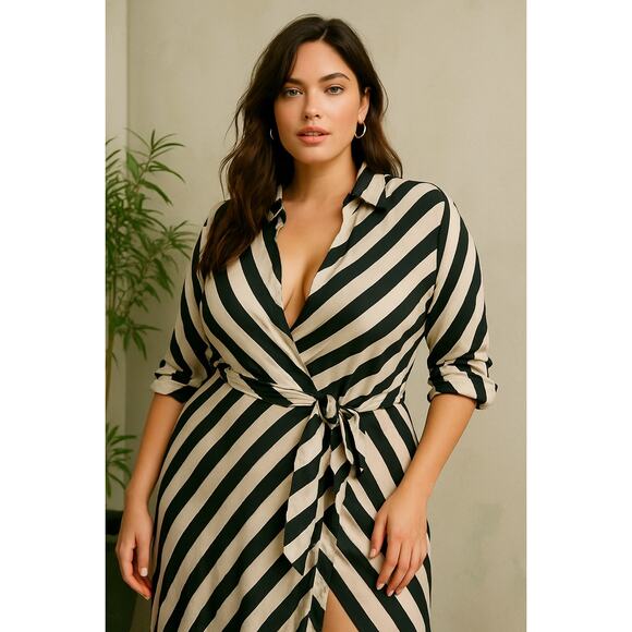 Eloquii Black White Striped Long Sleeve Slit Belted Button Maxi Shirt Dress 14 - Picture 4 of 7